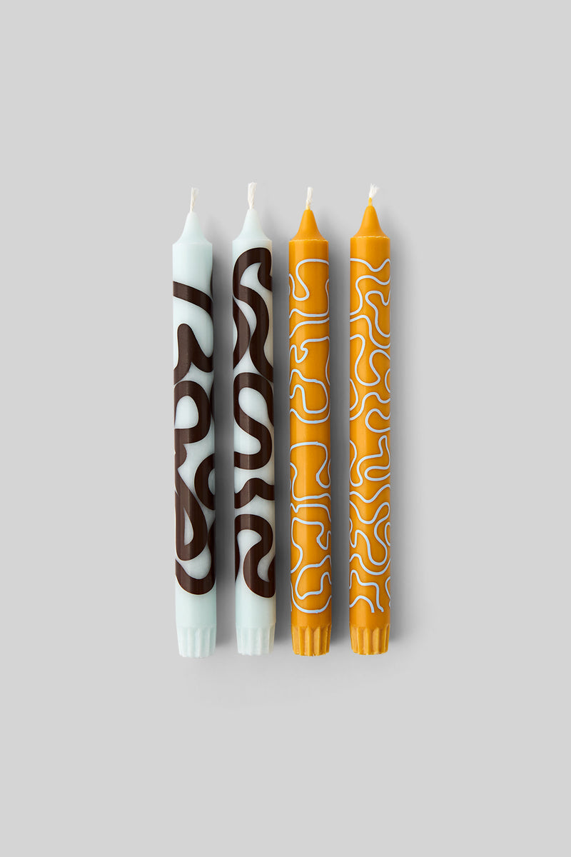 Patterned Candles Set - Mint / Ochre