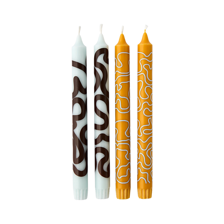 Patterned Candles Set - Mint / Ochre