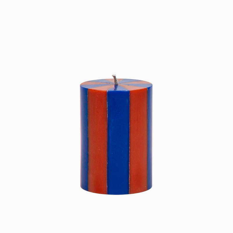 Stripe Pillar Candle S - Indigo/Terracotta