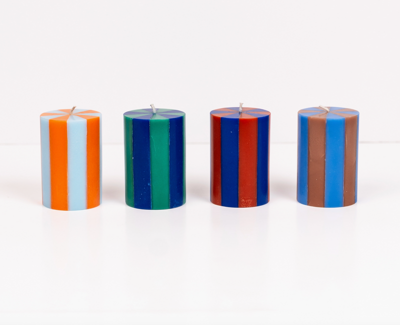 Stripe Pillar Candle S - Indigo/Terracotta