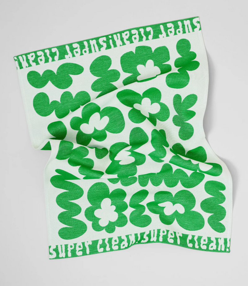 Super Clean Flowers Tea Towel in Green/Natural