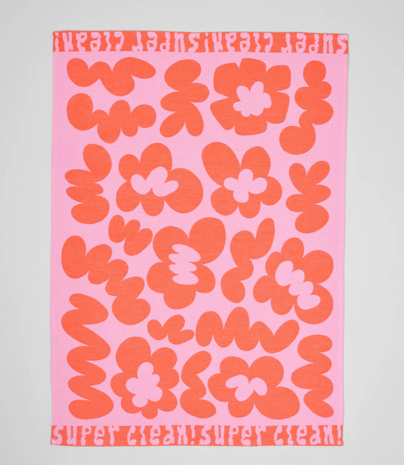 Super Clean Flowers Tea Towel in Pink/Warm Red