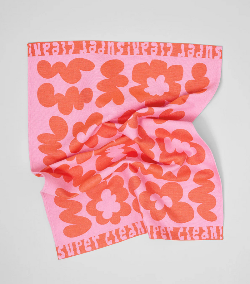 Super Clean Flowers Tea Towel in Pink/Warm Red
