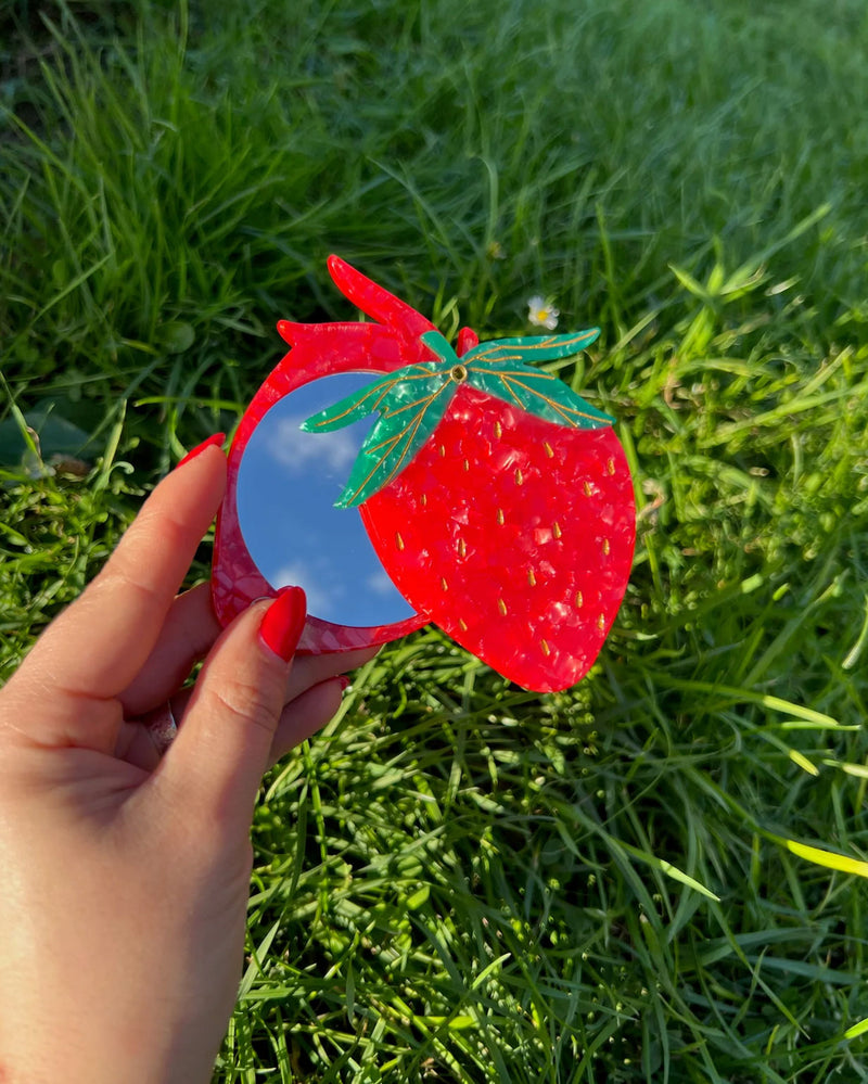 Hand-Painted Strawberry Compact Mirror